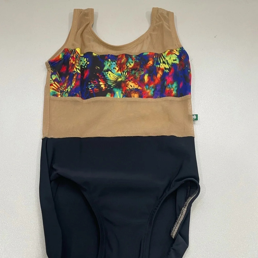 LuckyLeo Women’s Spice Leotard Black with Mesh Size Small Neon Butterfly Fabric
